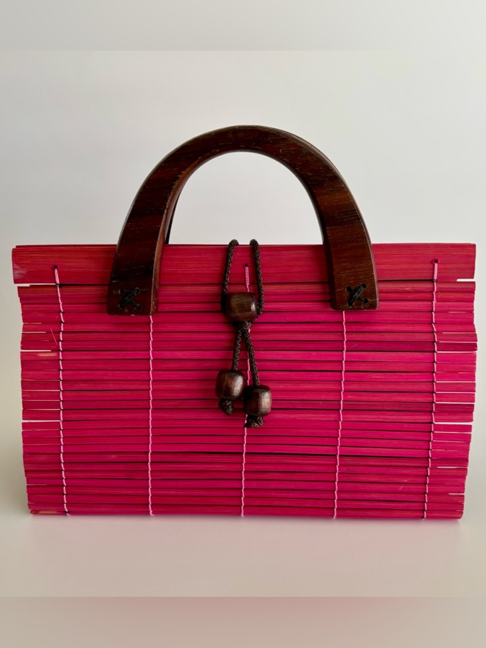 Handmade Bamboo Slat Clutch Pink Wooden Handle Statement Bag